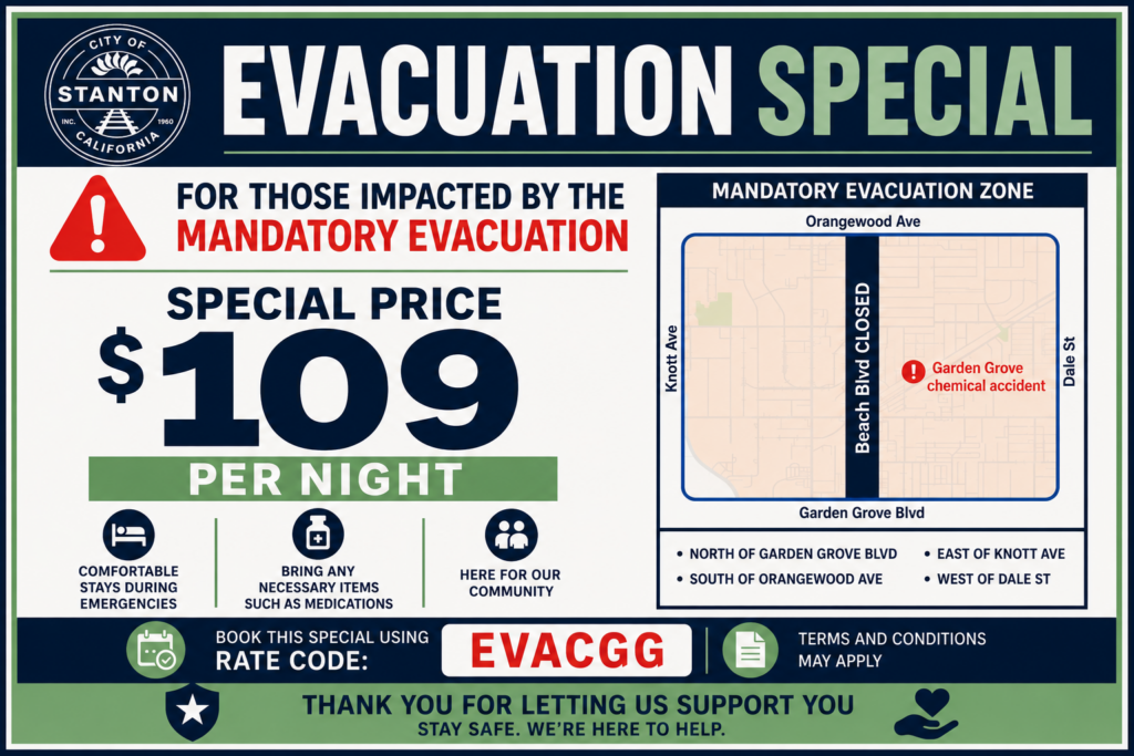 Evacuation Special Use Promo Code EVACGG To Get Special Price $109 Per Night - Terms and Conditions May Apply