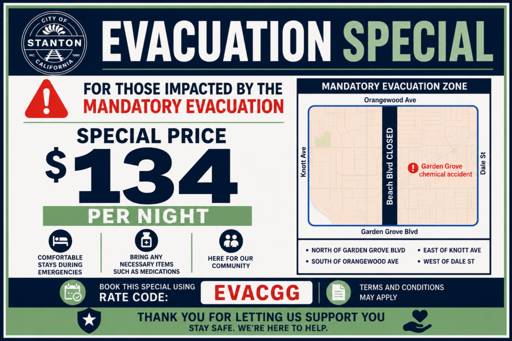 Evacuation Special Use Promo Code EVACGG To Get Special Price $134 Per Night - Terms and Conditions May Apply